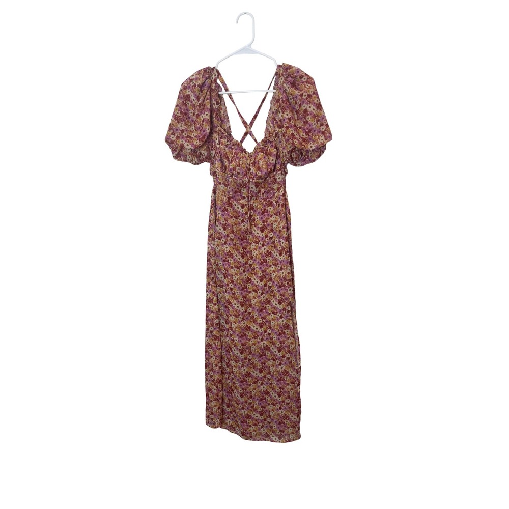 For Love & Lemons Dress Womens M Pink Floral Maxi Puff Sleeve Backless Summer